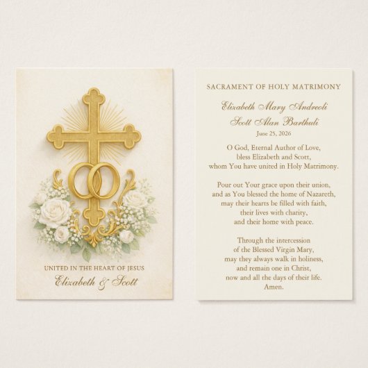 Catholic Wedding Prayer Card Gold Cross (Vorne & Hinten)