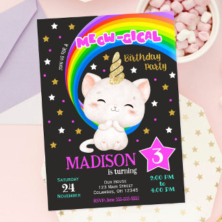 Caticorn Geburtstagseinladung, Katzen Regenbogen Einladung