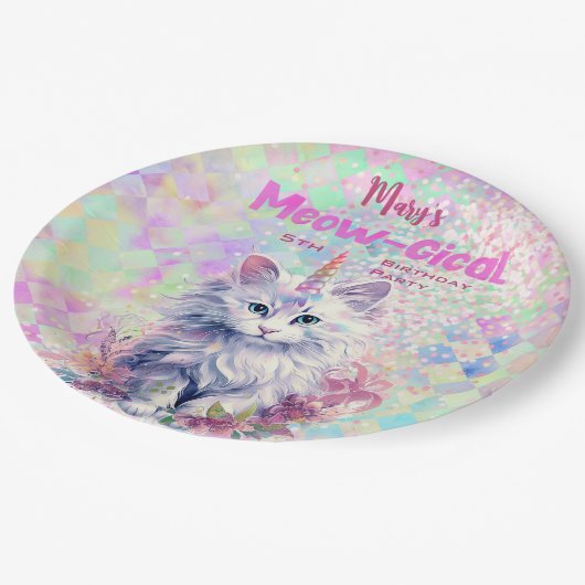 Caticorn Meow Gical Birthday Pappteller (Schrägansicht)