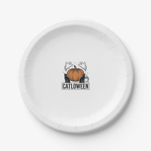 Catloween Schwarze Katze Geist Halloween Vektor De Pappteller (Vorderseite)