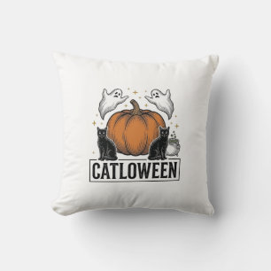 Catloween Schwarze Katze Geist Halloween Vektordes Kissen