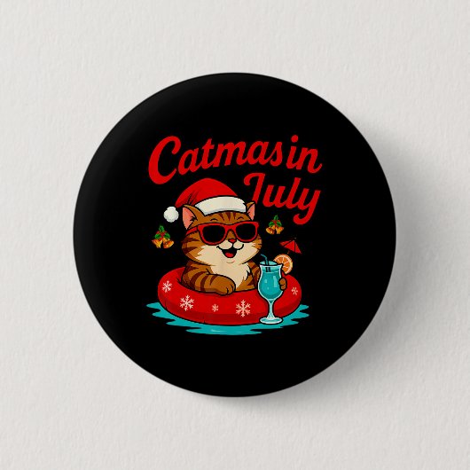 Catmas im Juli Katze und Santa Hut auf Float Weihn Button (Vorderseite)