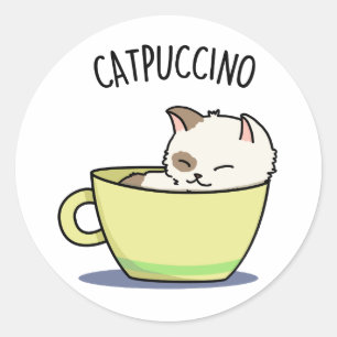 Catpuccino Lustige Katze In Tasse Wortspiel Runder Aufkleber