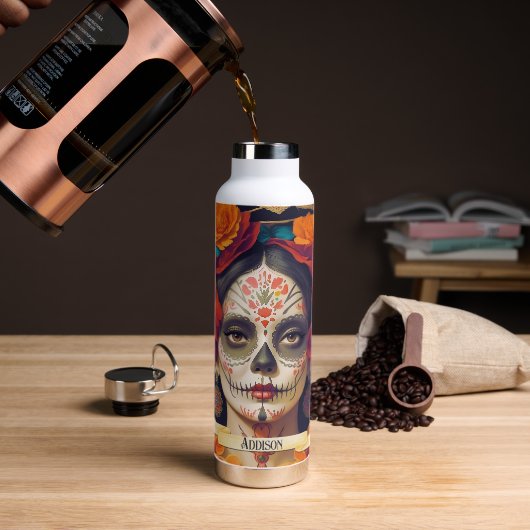 Catrina Day of the Dead 1 with text Trinkflasche (Kaffee)
