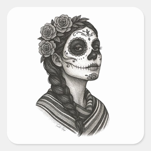 Catrina Mexicana Sarape Y Rosas Dia de Muertos Quadratischer Aufkleber (Vorderseite)