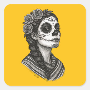 Catrina Mexicana Sarape Y Rosas Dia de Muertos Quadratischer Aufkleber