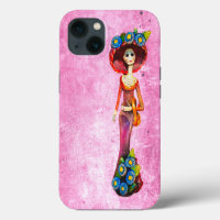 Catrina mit rotem Kleid und blauen Blumen auf rosa