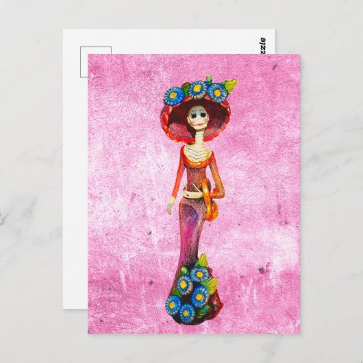 Catrina W/Red Dress & Blumen auf rosa gewaschen Postkarte (Vorne/Hinten)