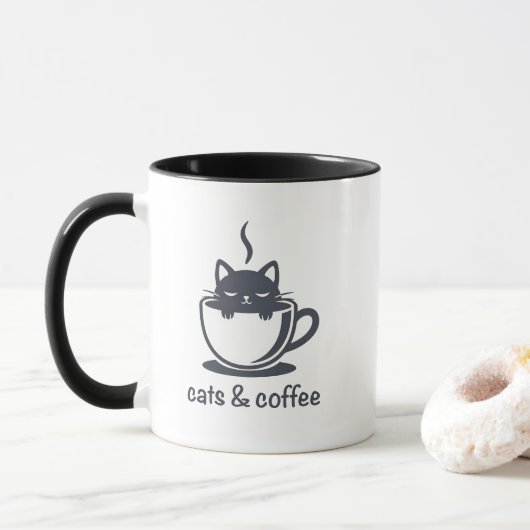 Cats and Coffee Minimalist Noir Feline Quote Tasse (Mit Donut)