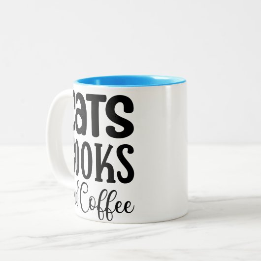 Cats, Books and Coffee Zweifarbige Tasse (Vorderseite Links)