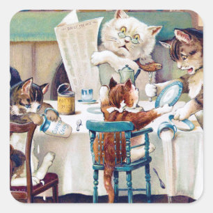 Cat's Breakfast Time, Louis Wain Quadratischer Aufkleber