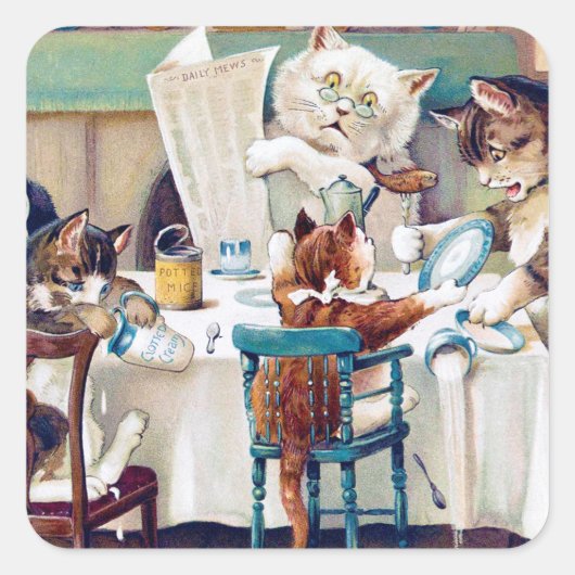 Cat's Breakfast Time, Louis Wain Quadratischer Aufkleber (Vorderseite)