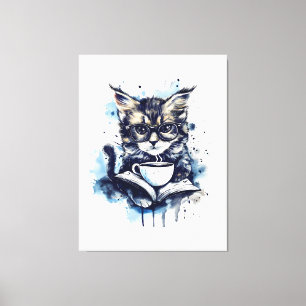 Cats Bücher Kaffee Watercolor Boho Abstrakt Leinwanddruck