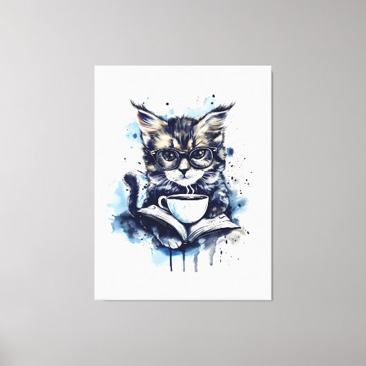 Cats Bücher Kaffee Watercolor Boho Abstrakt Leinwanddruck (Vorderseite)