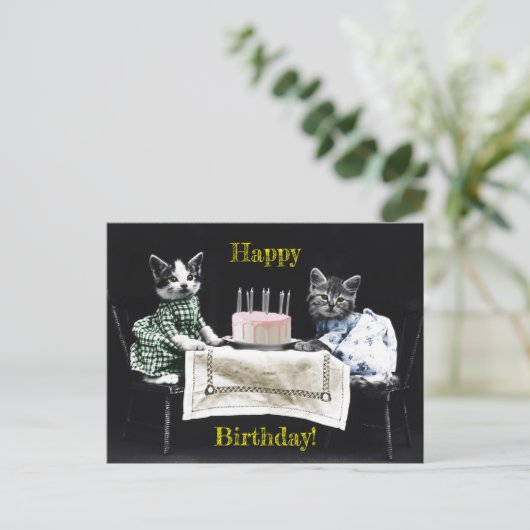 Cats celebrating a birthday with cake and candles postkarte (Stehend Vorderseite)