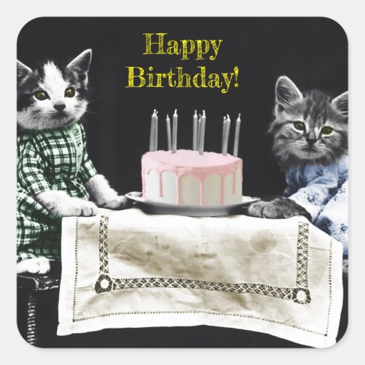 Cats celebrating a birthday with cake and candles quadratischer aufkleber (Vorderseite)