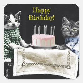 Cats celebrating a birthday with cake and candles quadratischer aufkleber