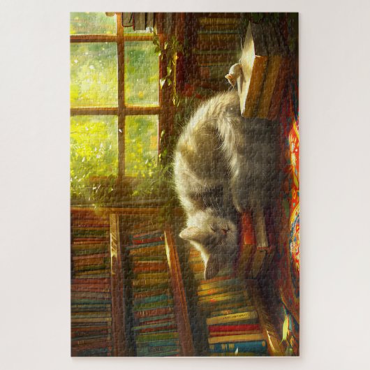 Cat's Cosy Library Siesta Geschenk für Cat Lover Puzzle (Vertikal)
