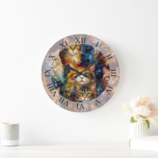 Cats Faces Animals Art Große Wanduhr (Zuhause)