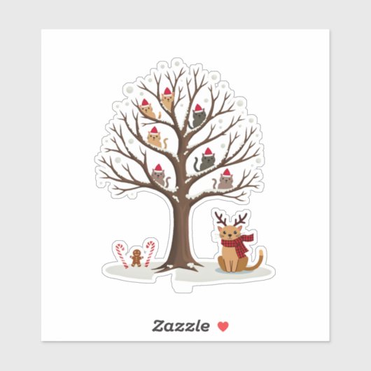 Cats In Snow Tree Winter Christmas Santa Hat X-mas Aufkleber (Blatt)