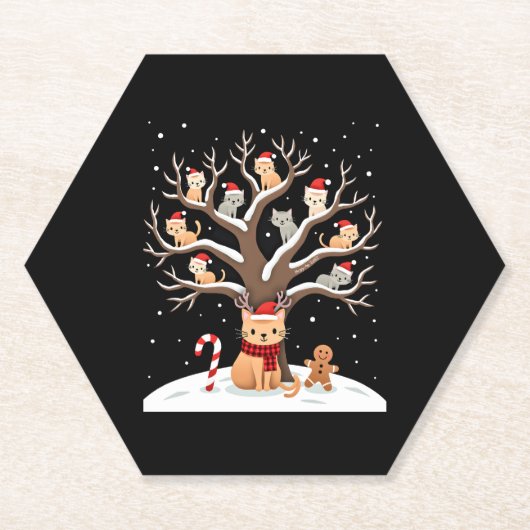 Cats In Snow Tree Winter Christmas Santa Hat X-mas Untersetzer (Vorderseite)
