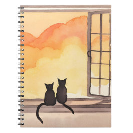 Cats in Window | Sunset Watercolor Silhouette Notizblock
