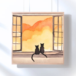 Cats in Window | Sunset Watercolor Silhouette Poster