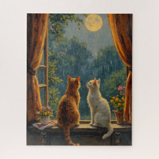 Cats looking at the moon and rain puzzle (Vertikal)