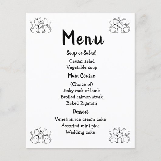 Cats Menu Schwarz-weiße Hochzeitsparty Kitty Moder (Vorderseite)