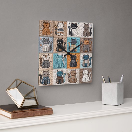 Cats Patchwork Quilt Muster Quadratische Wanduhr (Büro)