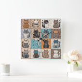 Cats Patchwork Quilt Muster Quadratische Wanduhr (Zuhause)