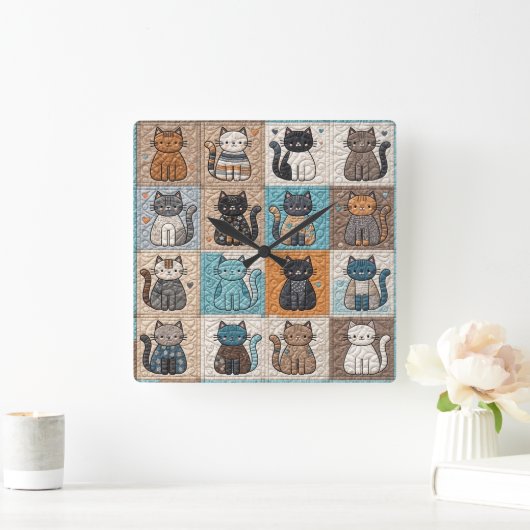 Cats Patchwork Quilt Muster Quadratische Wanduhr (Zuhause)