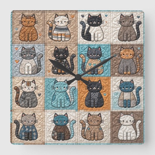 Cats Patchwork Quilt Muster Quadratische Wanduhr (Vorderseite)