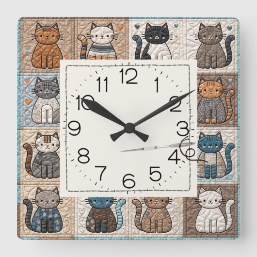 Cats Patchwork Quilt Muster Quadratische Wanduhr (Vorderseite)