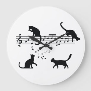 Cats Playing Music Notes Große Wanduhr