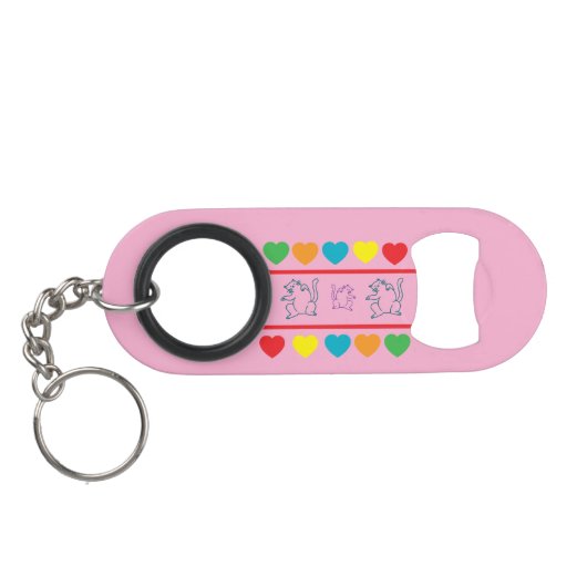 Cats & Rainbow Hearts Pink Bottle Opener Keychain Mini Flaschenöffner (Rückseite Horizontal)