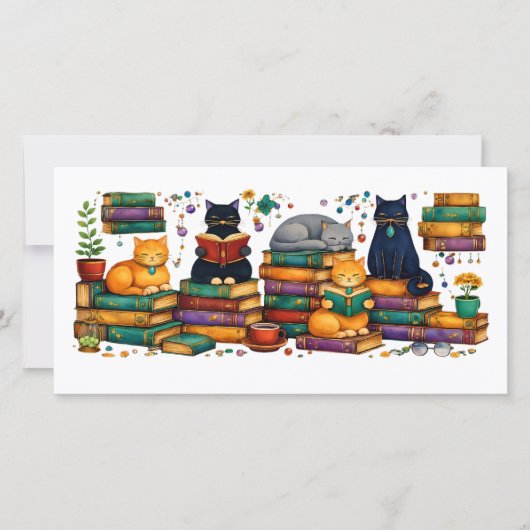 Cats Reading Books Cozy Library Scene Dankeskarte (Vorderseite)