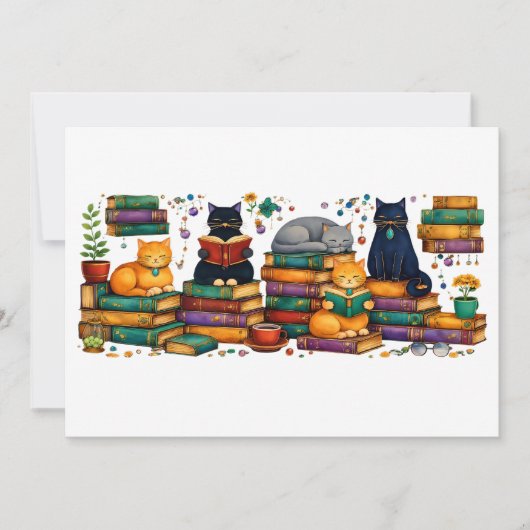 Cats Reading Books Cozy Library Scene Einladung (Vorderseite)