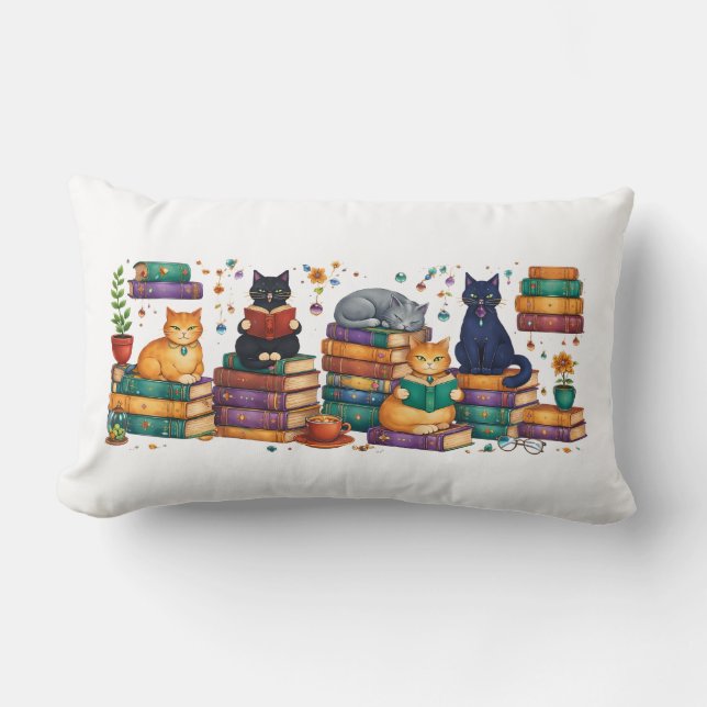 Cats Reading Books Cozy Library Scene Lendenkissen (Vorderseite)