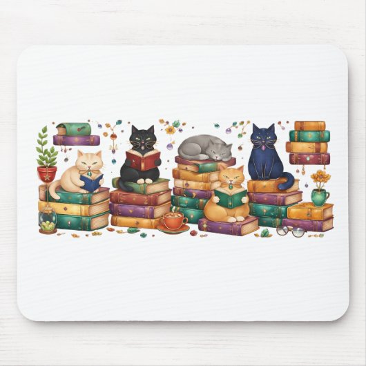 Cats Reading Books Cozy Library Scene Mousepad (Vorne)