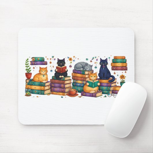 Cats Reading Books Cozy Library Scene Mousepad (Mit Mouse)