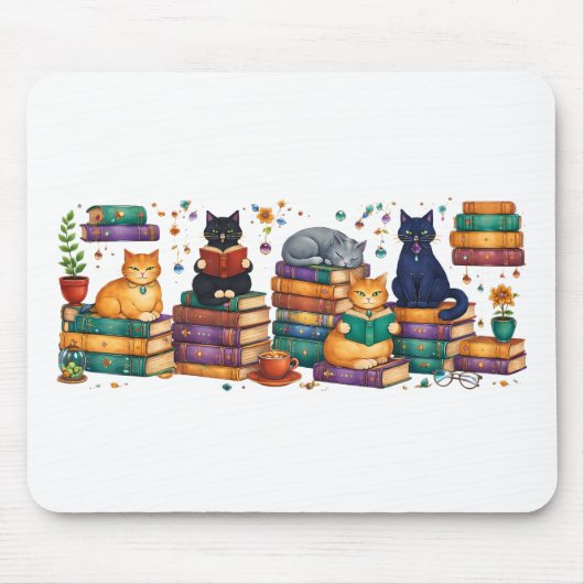 Cats Reading Books Cozy Library Scene Mousepad (Vorne)