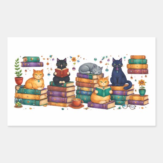 Cats Reading Books Cozy Library Scene Rechteckiger Aufkleber (Vorderseite)