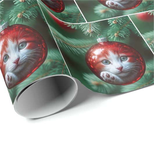 Cat's Reflection in a Red Christmas Ornament Geschenkpapier (Rolleneckpunkt)