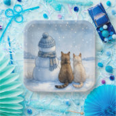 Cats Sitting With a Snowman In a Field Pappteller (Party)