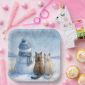 Cats Sitting With a Snowman In a Field Pappteller (Party)