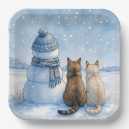Cats Sitting With a Snowman In a Field Pappteller