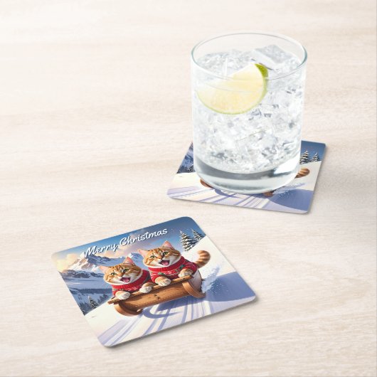 Cats Sled Ride Weihnachten Rechteckiger Pappuntersetzer (Vor Ort)