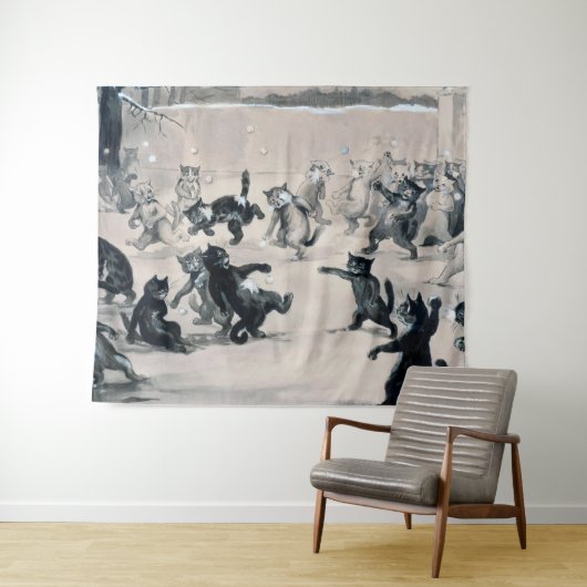 Cats Snowball Fight, Louis Wain Wandteppich (Beispiel (Horizontal))