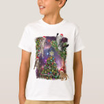 cats wearing Santa hats, with Christmas trees  T-Shirt<br><div class="desc">Cool t-shirt design featuring a photo-montage of multiple cats wearing Santa hats,  with Christmas trees and a space background.</div>